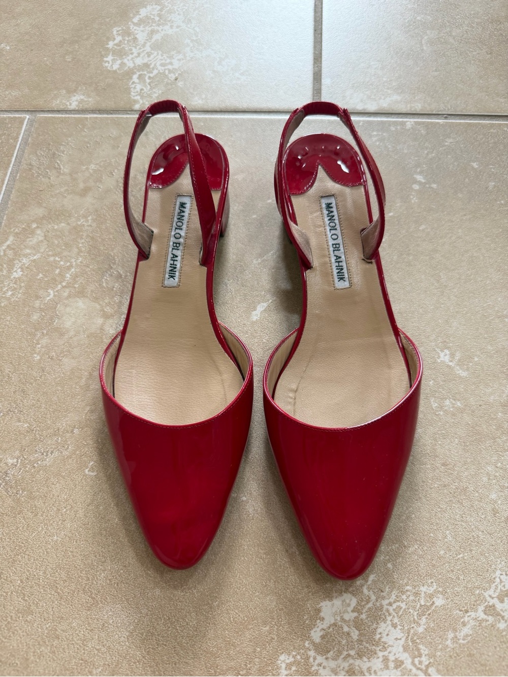 Manolo Blahnik Aspro Red Patent Leather Block Heel Slingbacks - Size 37